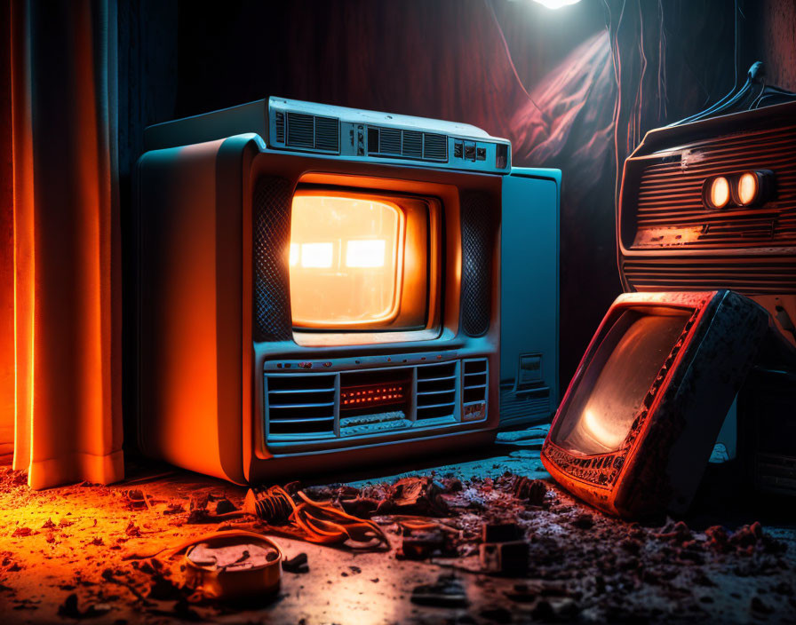 Vintage TV emits glow in moody retro scene