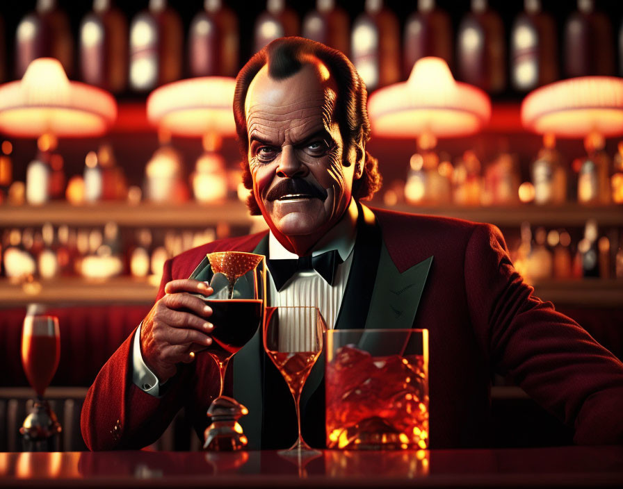 Formal man with mustache in luxurious bar setting