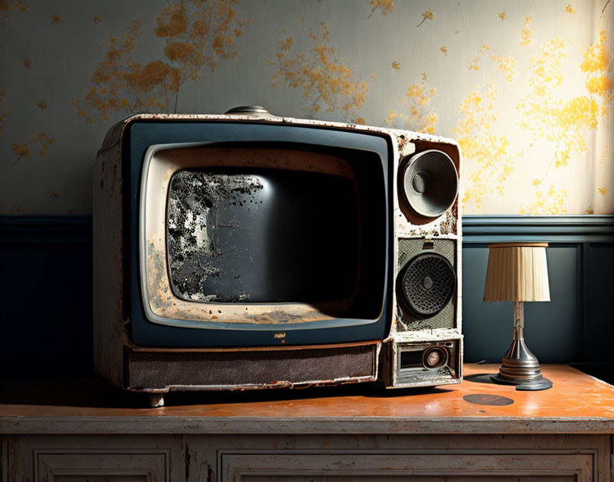 Vintage television on wooden table with lamp against wallpapered wall