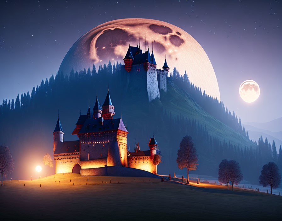 Fantasy landscape with castle on hill, enormous moon, stars, and clouds.