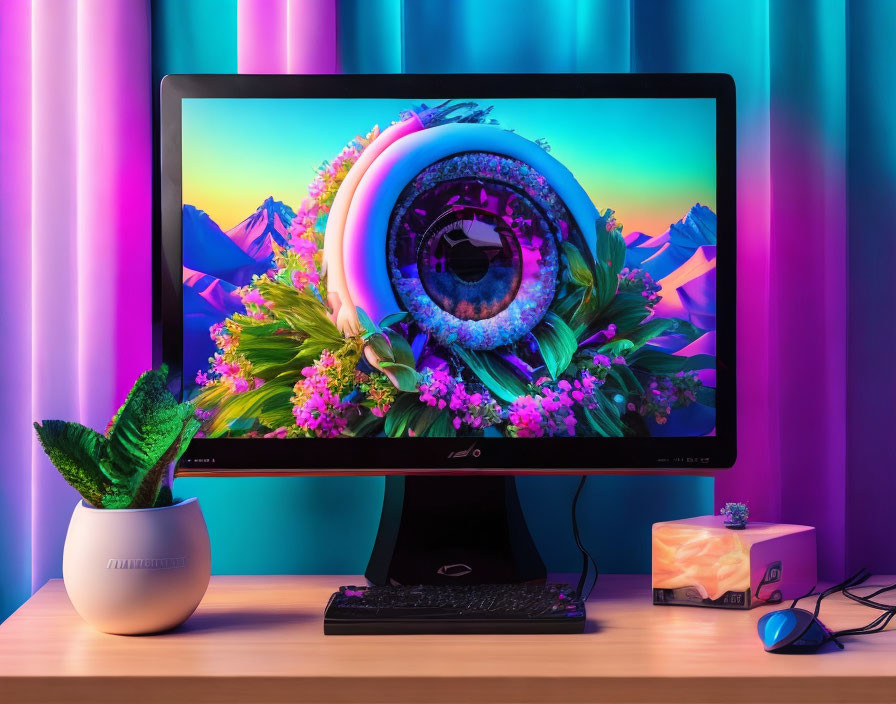 Colorful Wallpaper and Plant on Desk with LED Backlighting