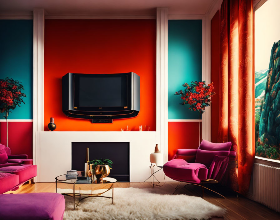 Colorful living room with orange walls, pink sofa, and wall-mounted TV