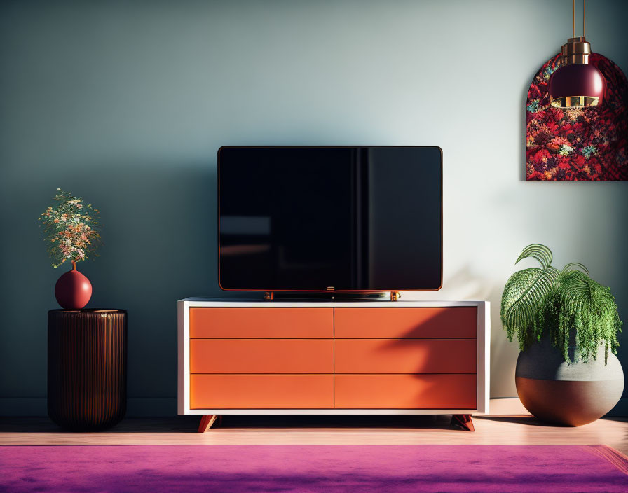 Stylish living room with flat-screen TV, orange cabinet, plants, and floral pendant light