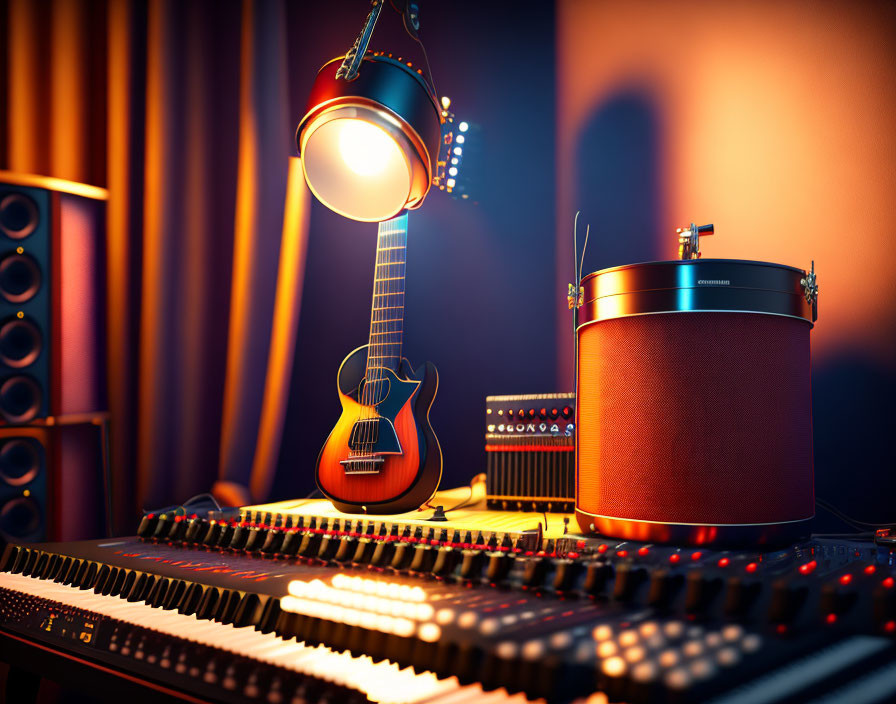 Cozy home music studio with guitar, amplifier, keyboards, and vintage microphone