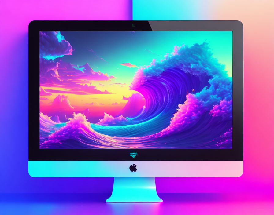 Neon-colored digital artwork of a wave against a surreal sunset sky