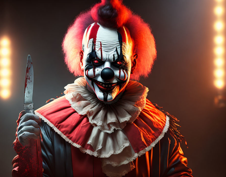 Menacing clown with sharp teeth and knife in hand against blurred lights