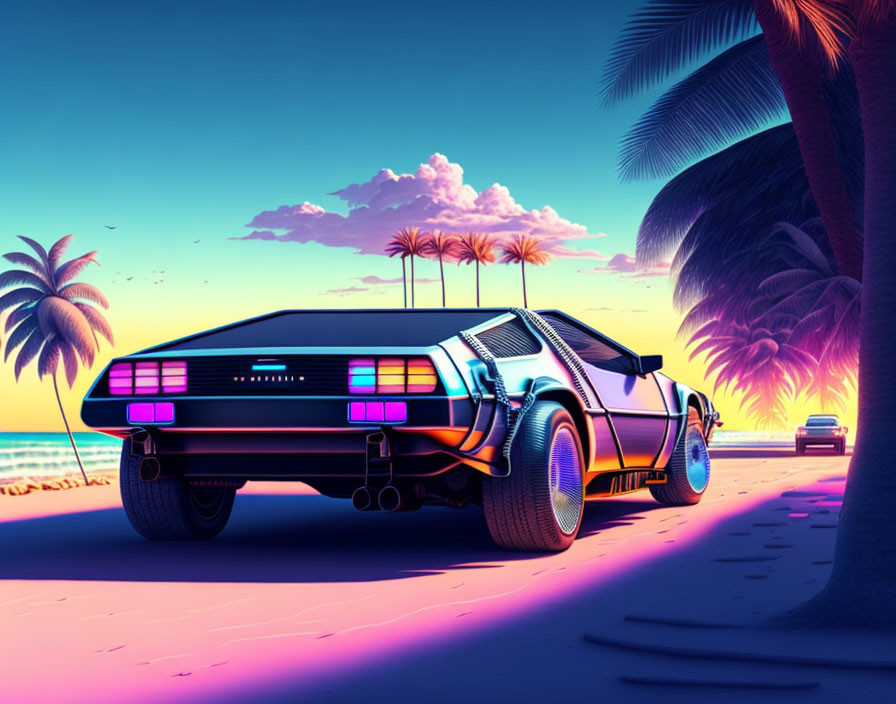 Retro-futuristic car with neon highlights on beach at sunset