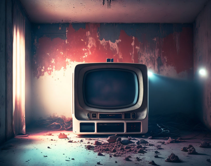 Vintage television in dusty, dilapidated room with red walls