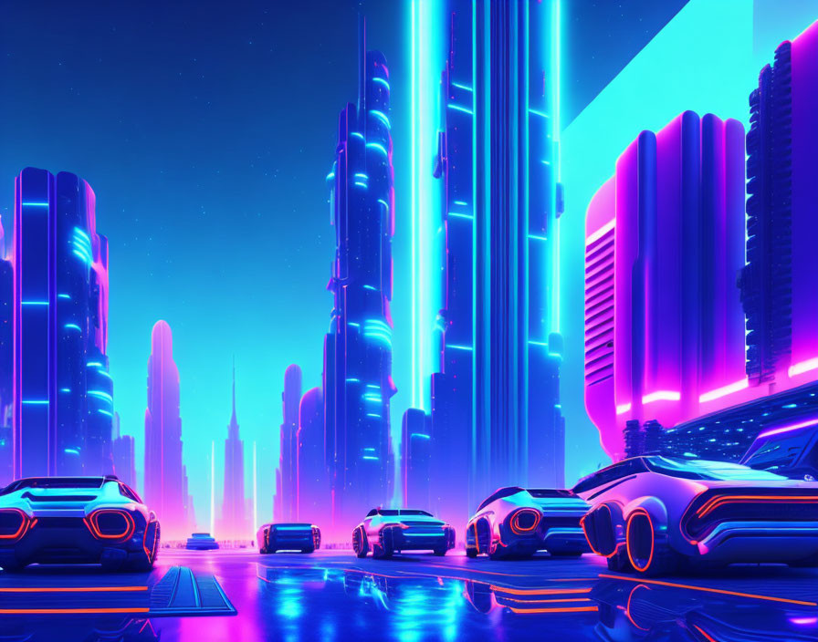 Futuristic cityscape at night with neon lights & hovercars