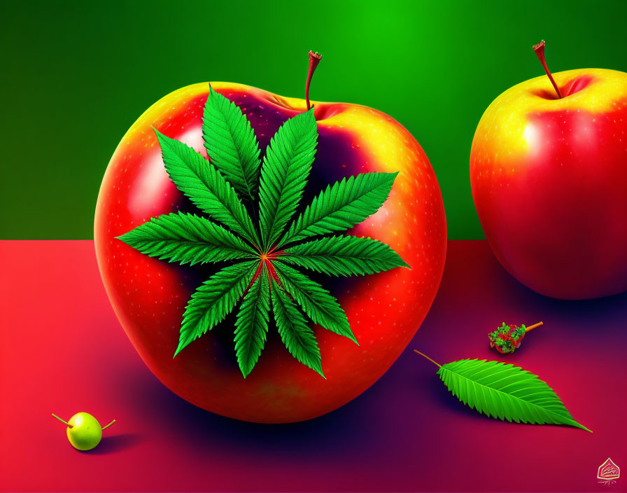 Red Apples with Cannabis Leaf on Dual Background with Miniature Apple and Leaves