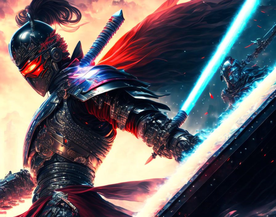 Futuristic samurai in armor wields neon blue lightsaber under red sky