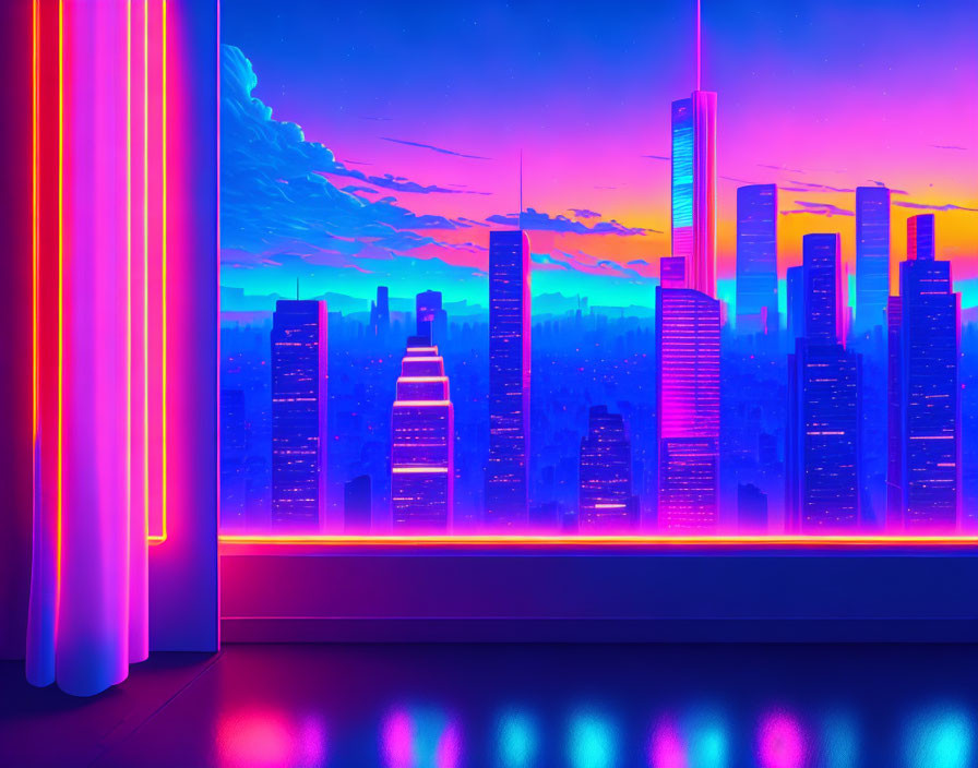 Neon-lit cityscape with futuristic pink and blue sky