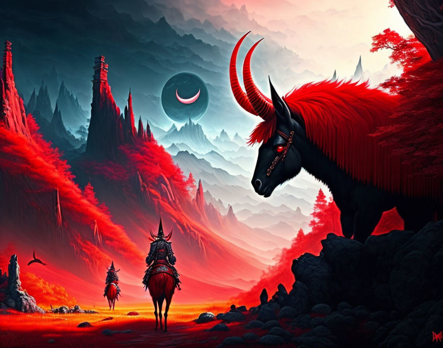 Fantasy landscape with red and black colors, warrior on horseback, giant horned creature, cres