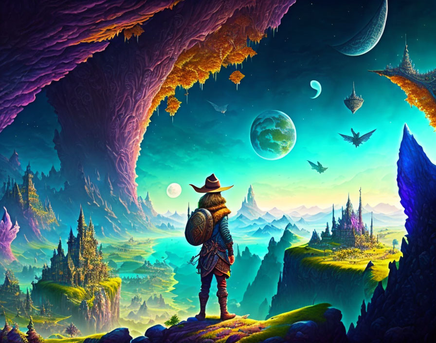 Vibrant colors in fantastical landscape with cloaked figure and multiple moons