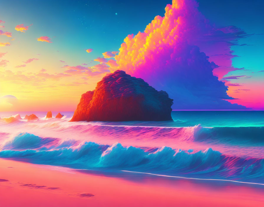 Surreal neon seascape: large rock in vibrant waves.