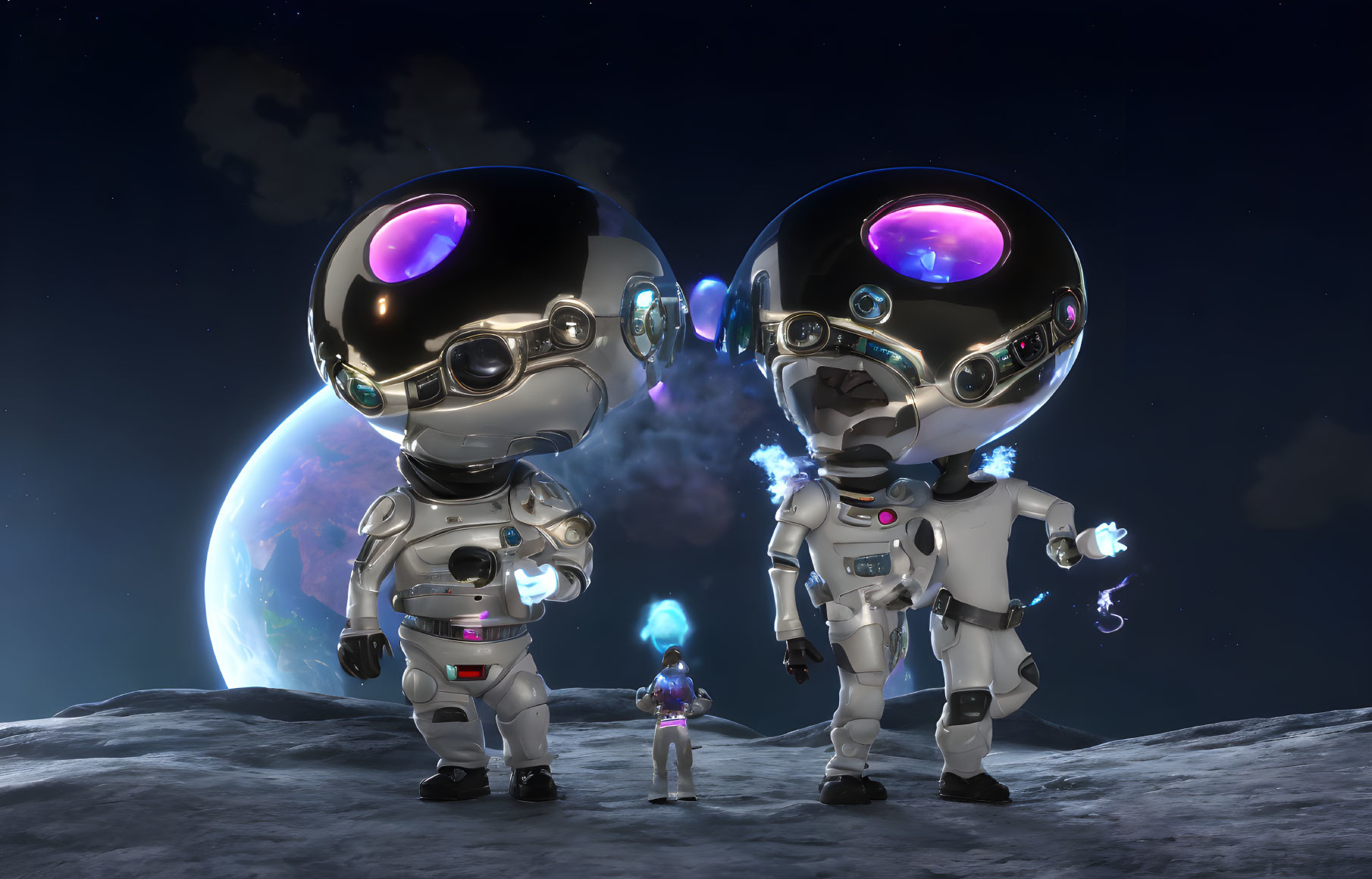 Stylized astronauts with oversized helmets on moon-like surface