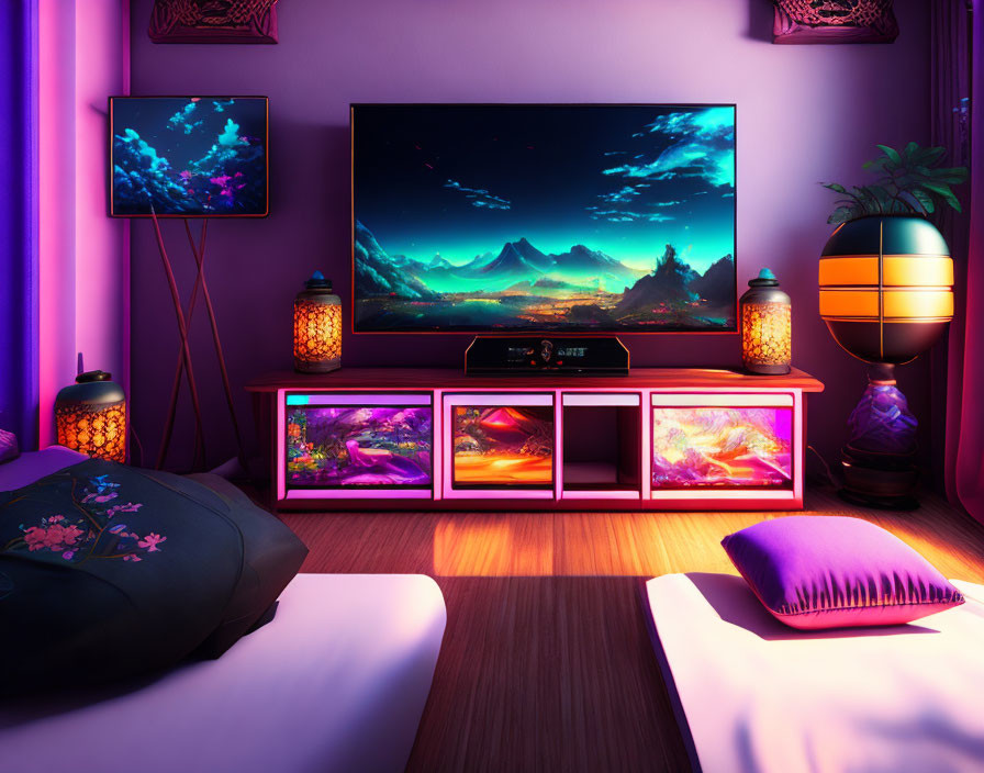 Colorful Gaming Room with Neon Lights, Fantasy Landscape Display, Consoles, Lanterns, Cushions