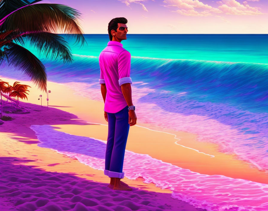 Man in Sunglasses on Vibrant Beach at Sunset with Neon Colors