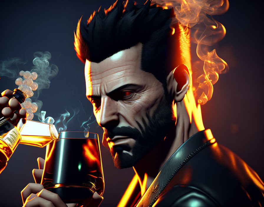 Stylized 3D illustration: Man with beard and mohawk holding flaming bottle & glass