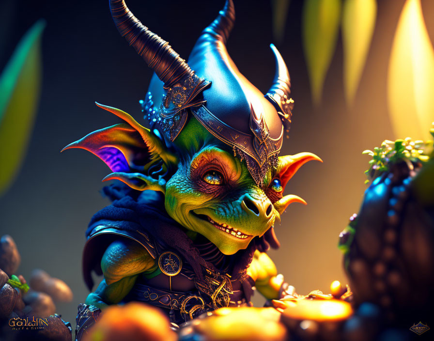 Colorful whimsical creature with horns in helmet and treasure trove