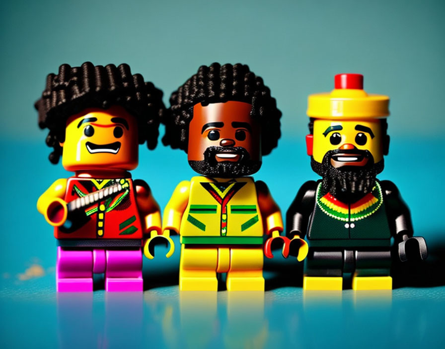 Three LEGO minifigures with afro hairstyles in colorful attire on blue background.