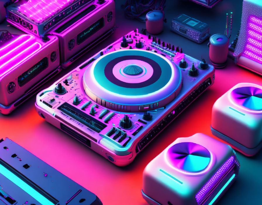 Vibrant DJ Setup with Central Turntable and Neon Lighting