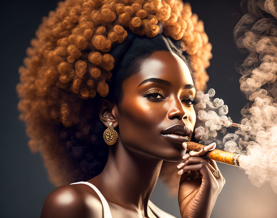 Curly Afro Woman with Cigar and Gold Earrings in Smoky Background