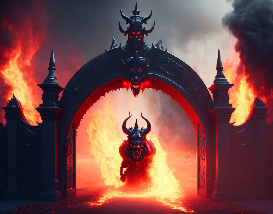 Menacing dragon emerging from flames under ornate archway in dark, fiery landscape.