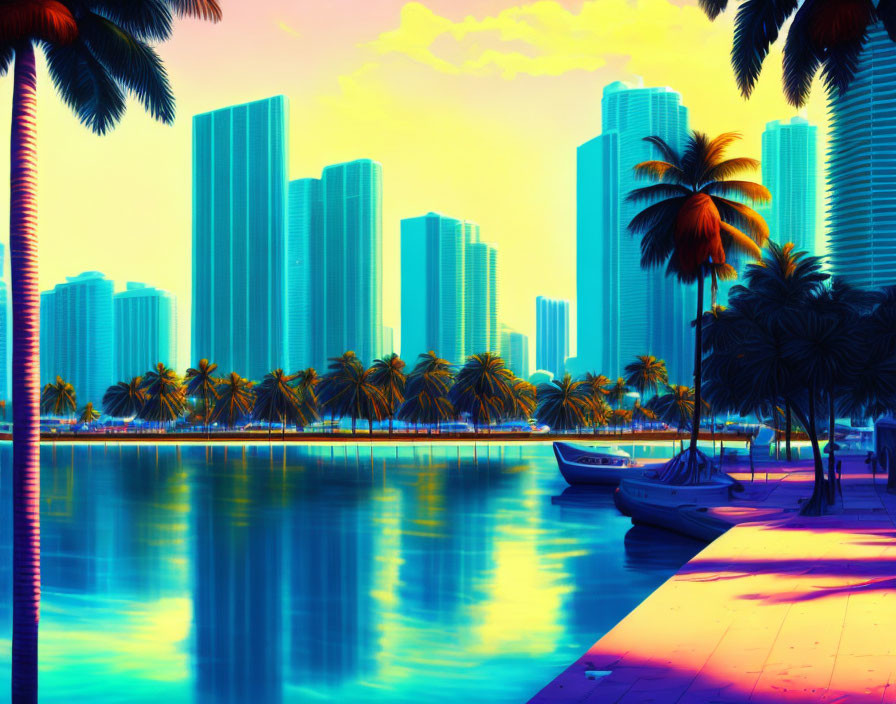 Neon-colored cityscape with skyscrapers, palm trees, and boats by the waterfront