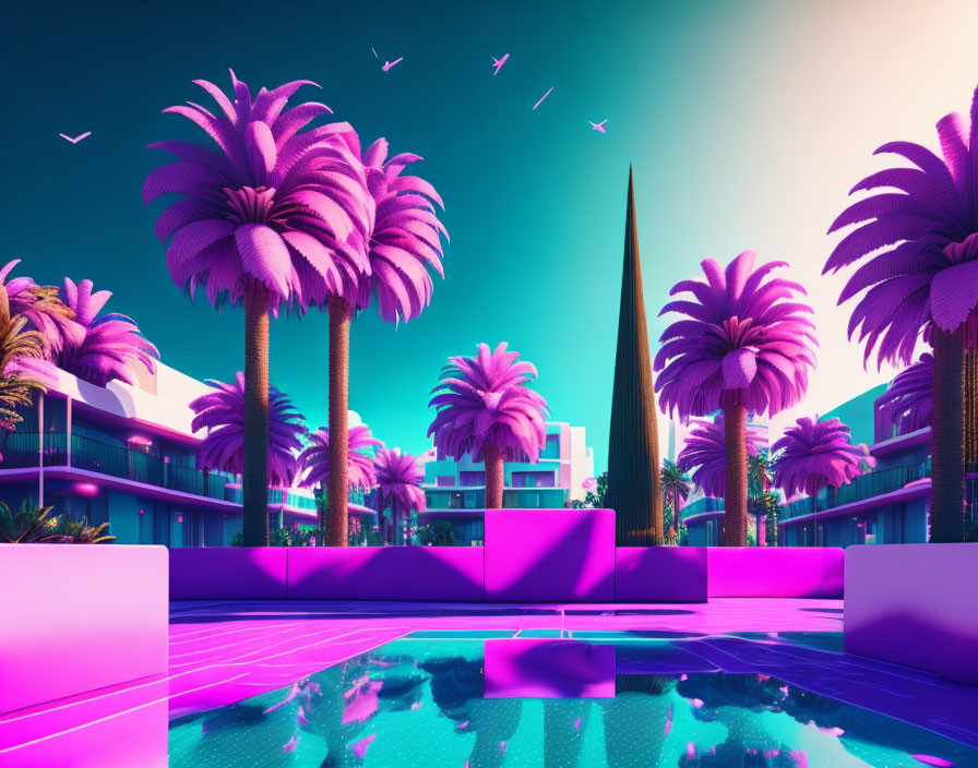 Vivid retro-futuristic scene: neon hues, palm trees, pool, stylized buildings,