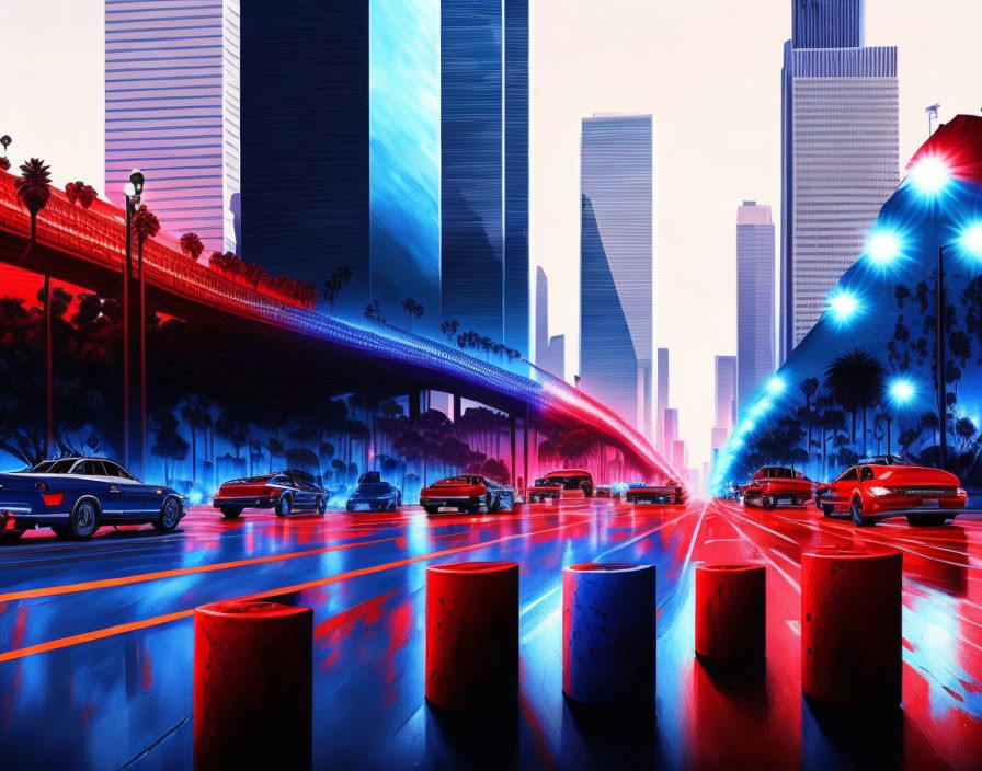 Futuristic city digital artwork with neon lights and skyscrapers