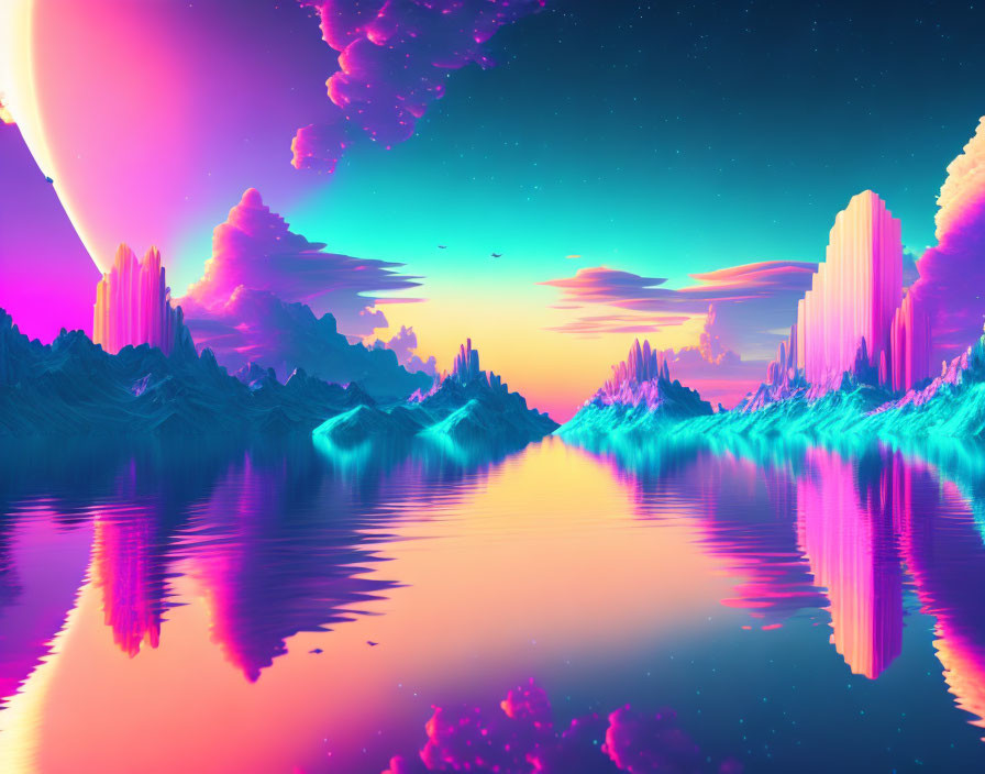 Alien landscape digital artwork with neon colors & surreal planet