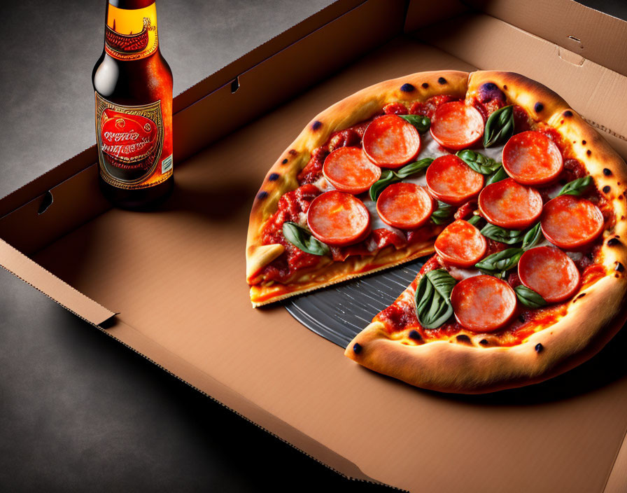 Pepperoni pizza with basil leaves and hot sauce on dark tabletop