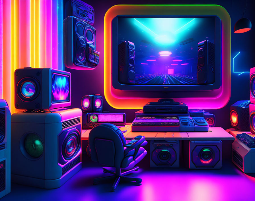 Neon-lit retro gaming setup with 3D tunnel display