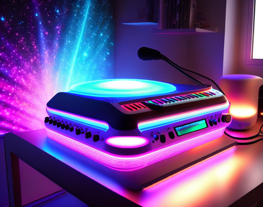 Vibrant illuminated keyboard with microphone, speaker, and neon lights on desk