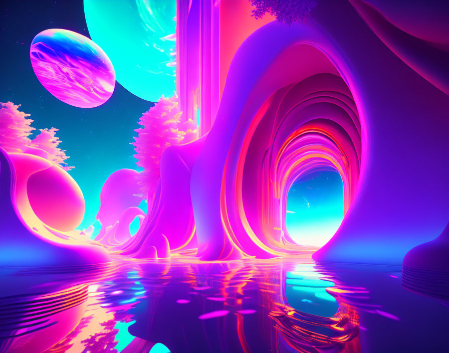 Vibrant surreal landscape with neon colors and swirling arches