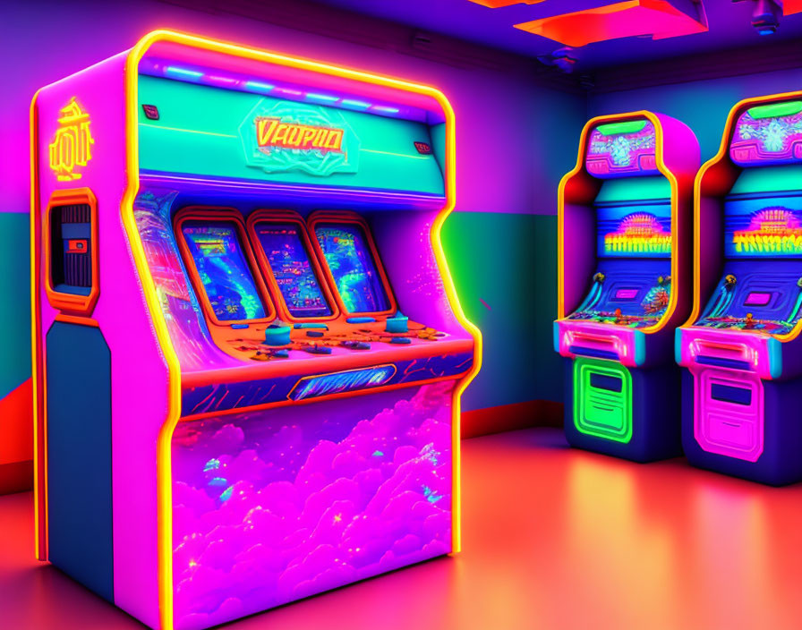 Neon-lit arcade room with retro gaming machines and fluorescent clouds