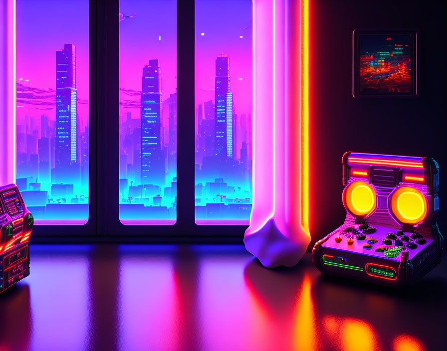 Neon-lit room with retro boombox and arcade machine