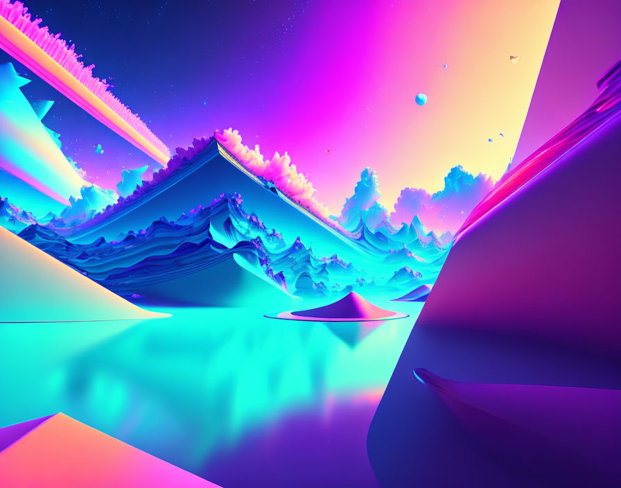 Colorful digital art: Neon-lit mountains under dynamic sky