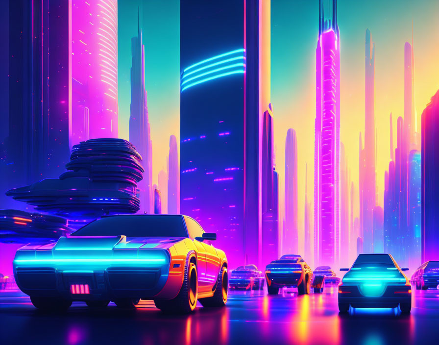 Neon-lit futuristic cityscape with flying cars and skyscrapers