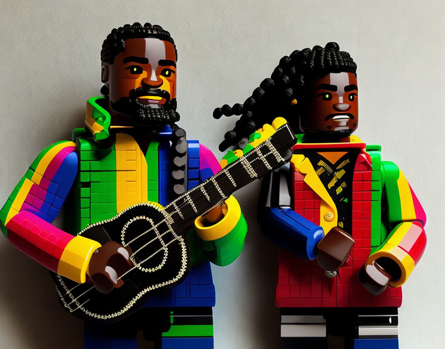 Colorful LEGO Figures with Guitar in Intricate Outfits