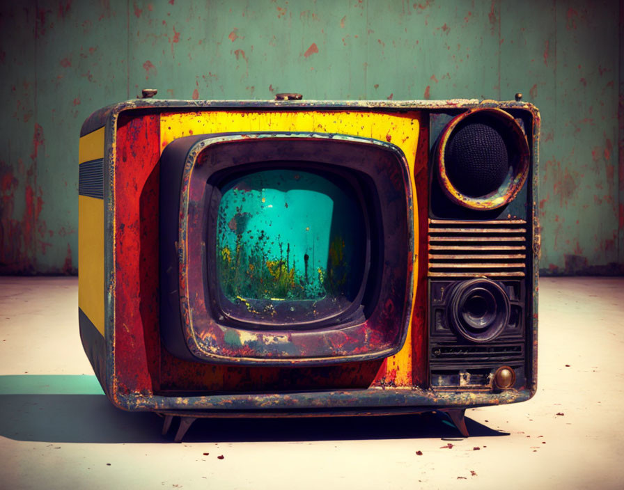 Vintage Colorful Weathered Television on Grungy Green Background