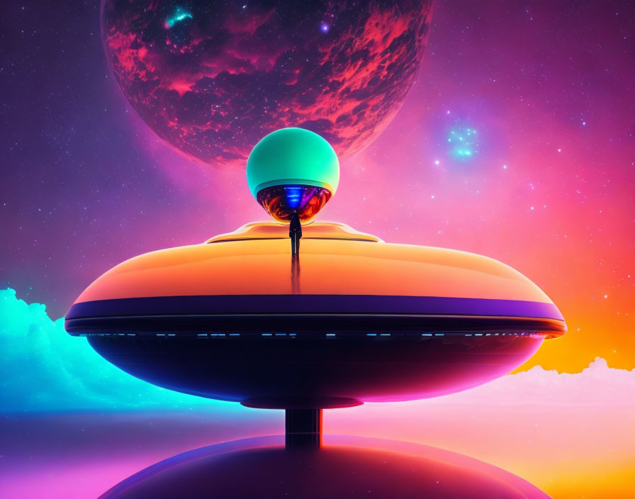 Person on saucer-shaped spaceship in vibrant sci-fi scene