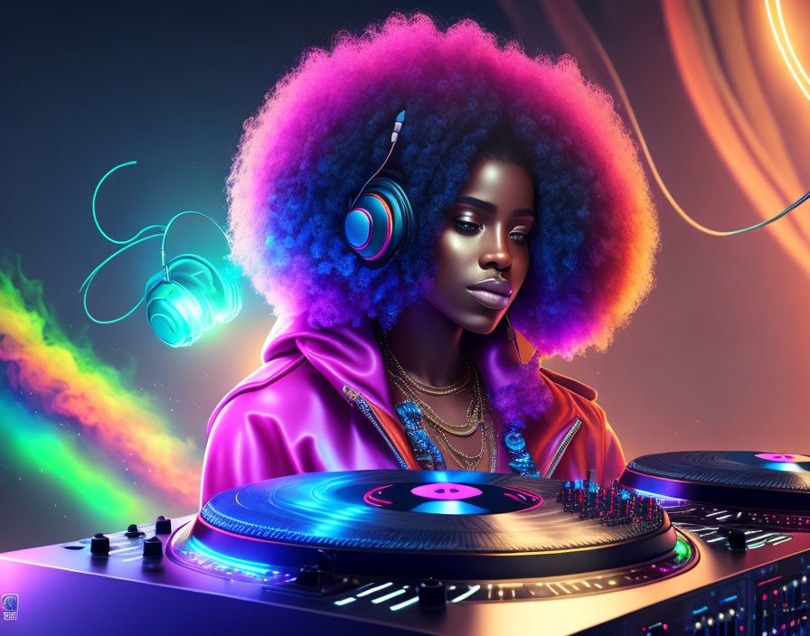 Vibrant afro woman DJ mixing tracks under neon lights