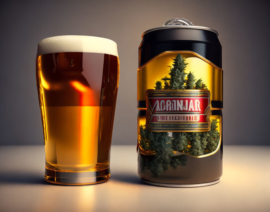 Amber Beer Pint and Pine Tree Design Can on Neutral Background