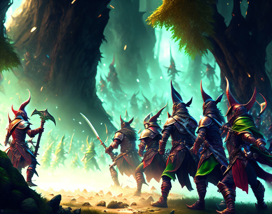 Armored fantasy characters with helmets and weapons in mystical forest.