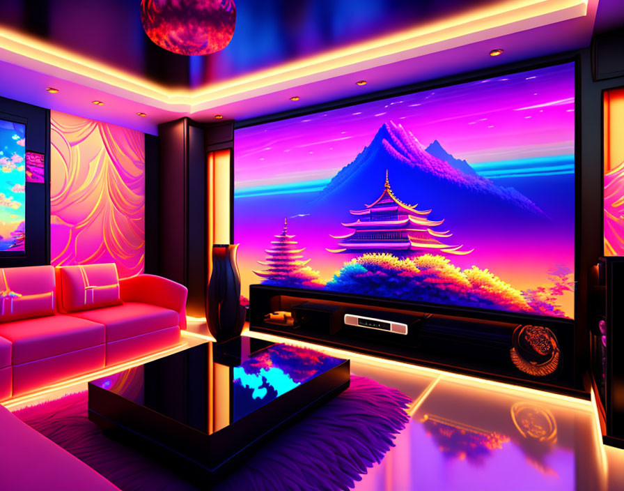 Colorful Mountainous Digital Landscape in Neon Lit Living Room