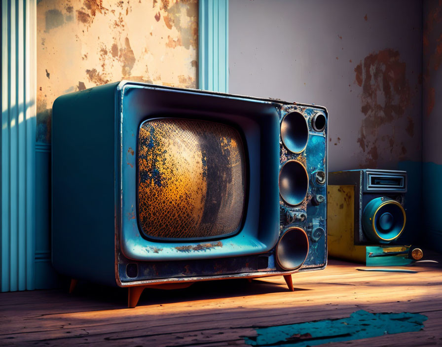 Vintage television in retro setting with peeling walls and dusty floor.