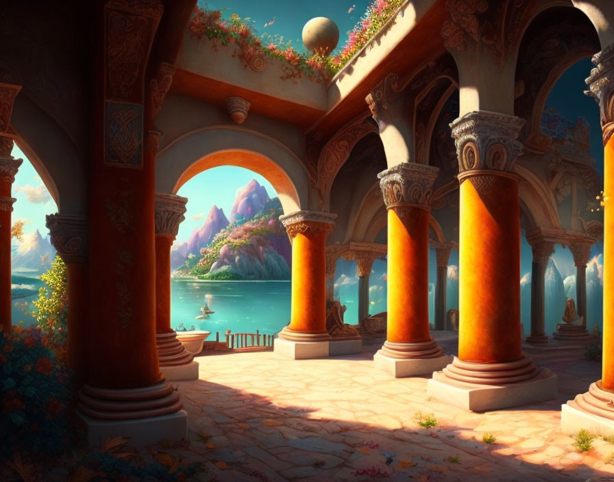 Vibrant fantasy landscape with ornate archways, tranquil lake, and distant mountains