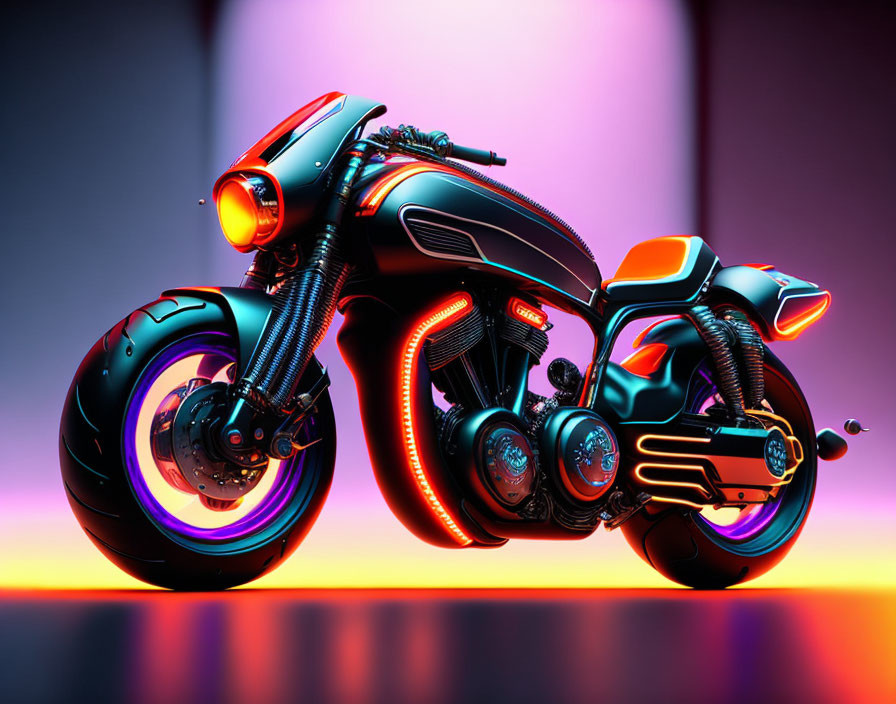 Sleek Black Futuristic Motorcycle with Glowing Wheels on Purple-Pink Background